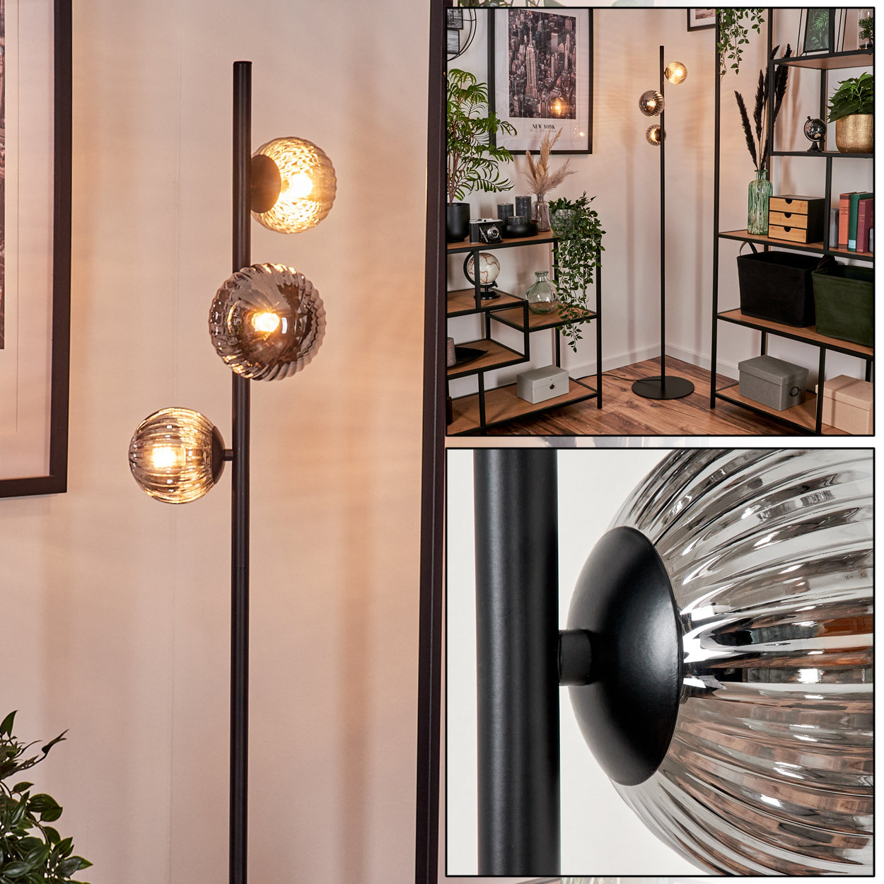 Stehlampe mit drei Kugelleuchten, eine geriffelt, mit schwarzem Rahmen. Eine Detailansicht der Lampe ist enthalten.