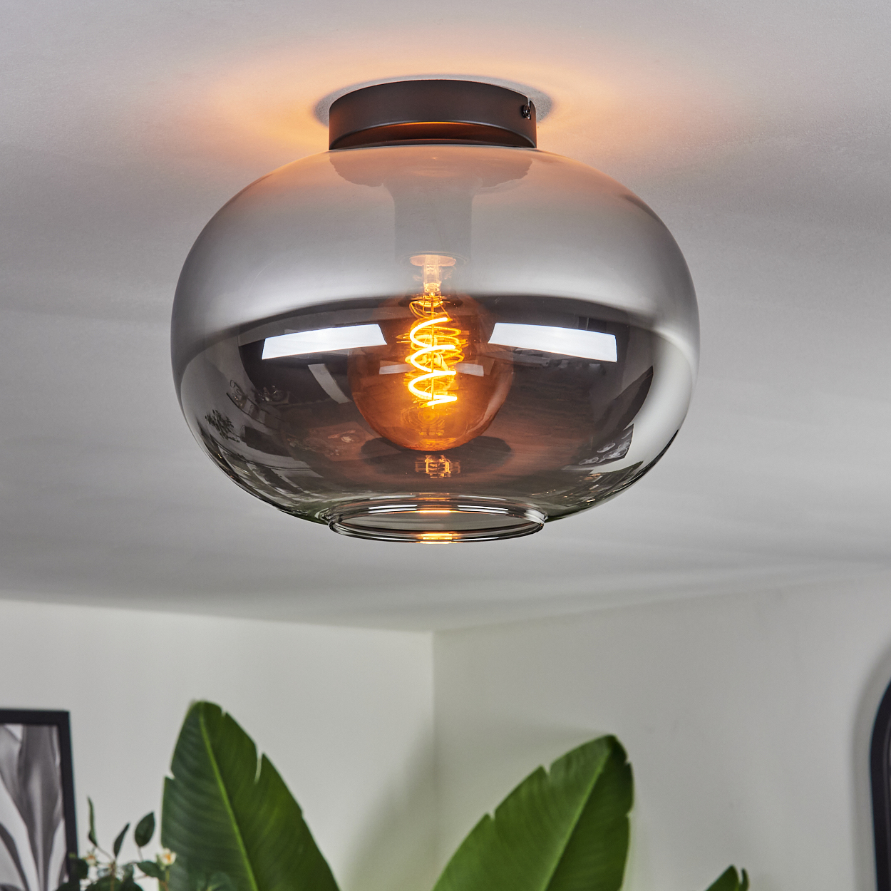 Eine moderne Deckenlampe mit rauchfarbenem Glaskugelschirm und sichtbarer Edison-Glühbirne, vor weißer Decke.