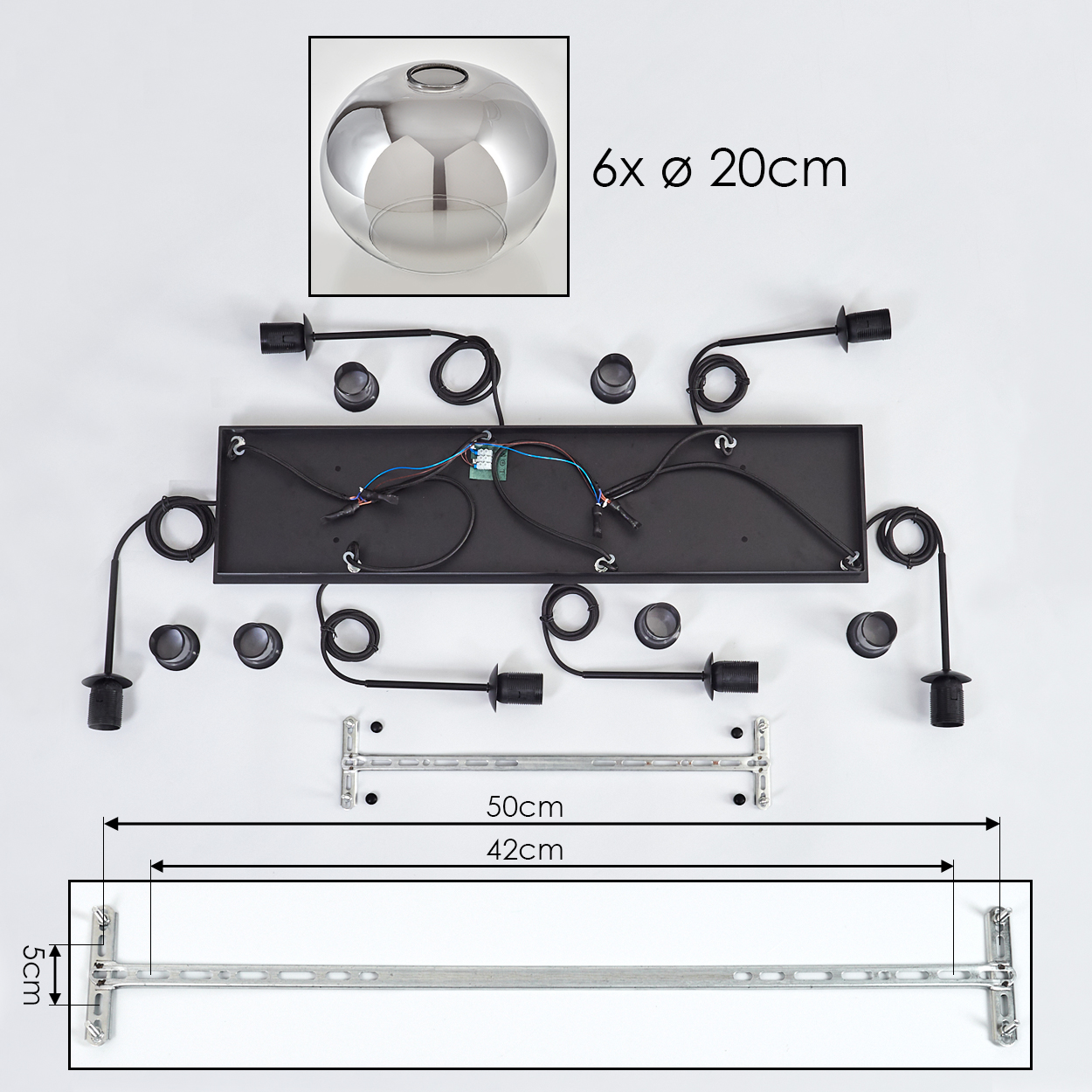 Zerlegte Komponenten einer Pendelleuchte mit Maßen.