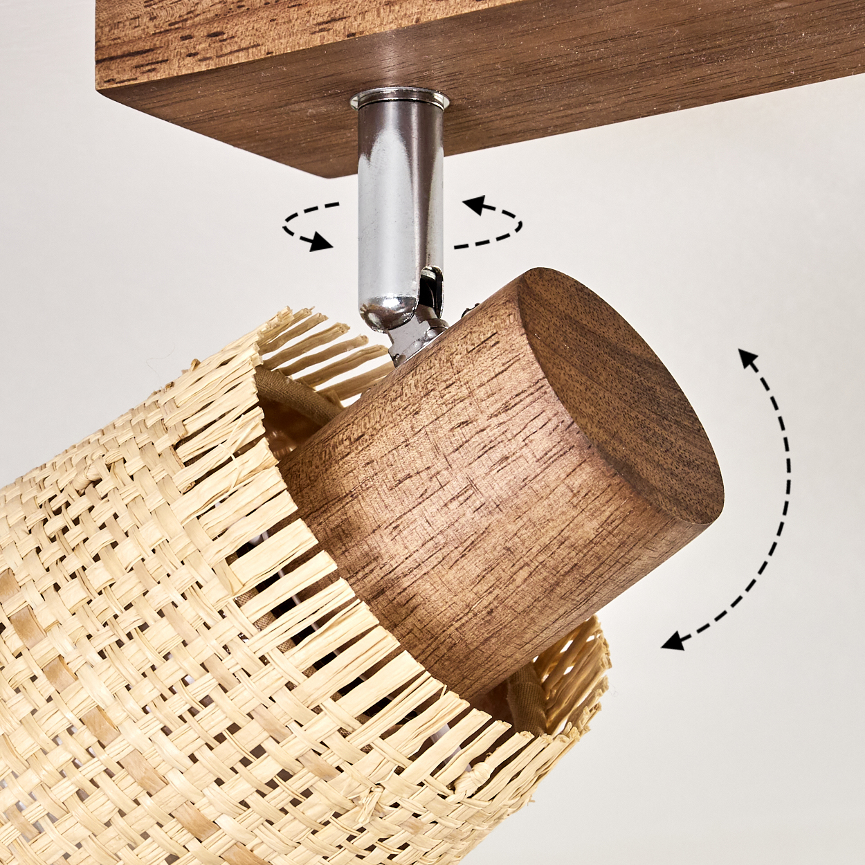 Nahaufnahme einer Holzlampe mit gewebtem Lampenschirm, mit Pfeilindikatoren.
