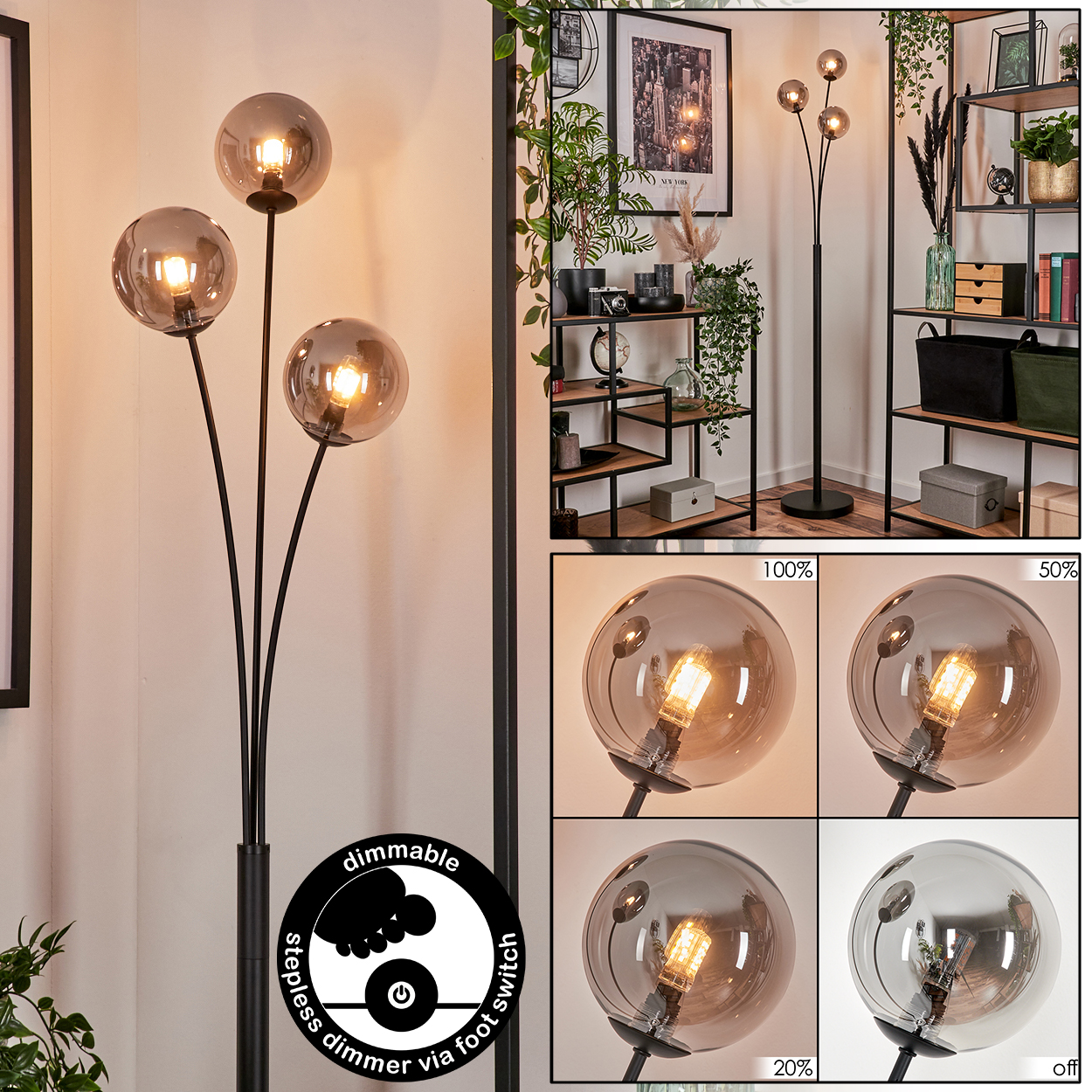 Stehlampe mit drei Kugellampen. Dimmschalter an der Basis. Dimmschalter zeigt die Lichtintensitätsstufen.