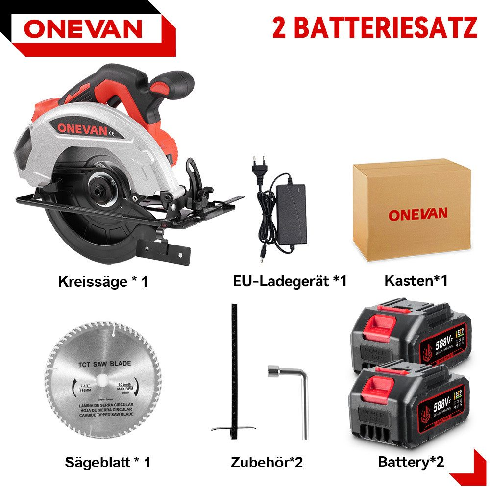 Eine Kreissäge mit dem Label ONEVAN, begleitet von Zubehör, einschließlich Sägeblatt und Batterien.