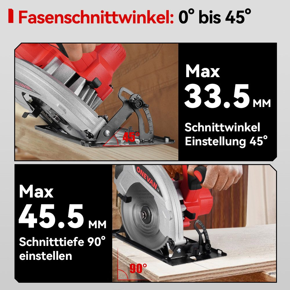 Eine Kreissäge, die den Schnittwinkel und die Tiefe zeigt, mit Holz im Rahmen und rotem Griff.