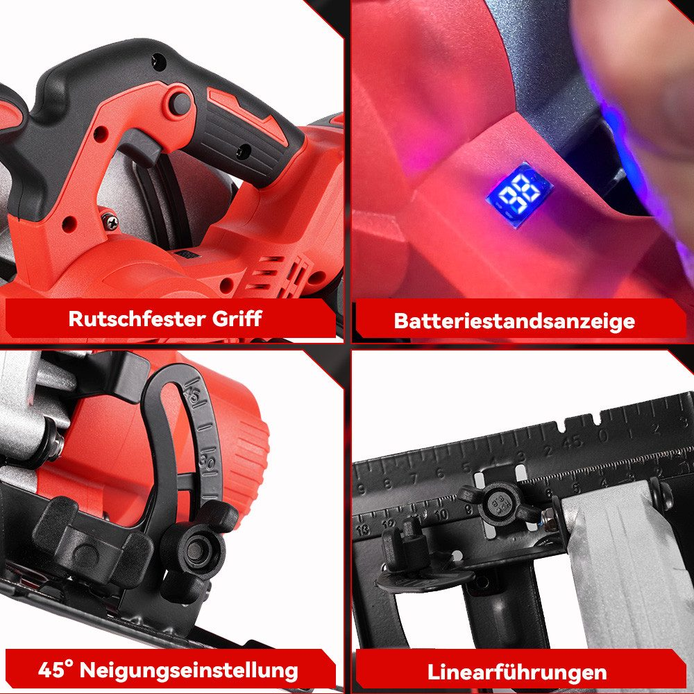 Nahaufnahme eines roten und schwarzen Elektrowerkzeugs. Zeigt Griff, Batteriestand und einstellbare Sägeblatt.
