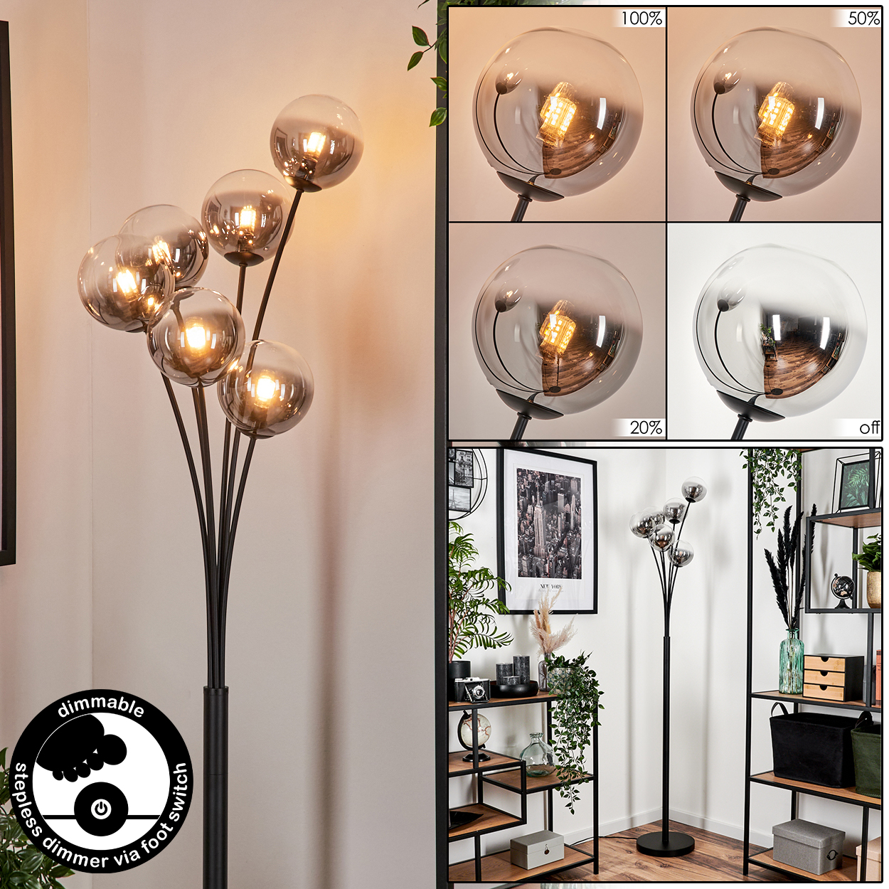 Eine Stehlampe mit mehreren silbernen Kugeln, neben einer Wand mit Dimmer-Einstellungen.