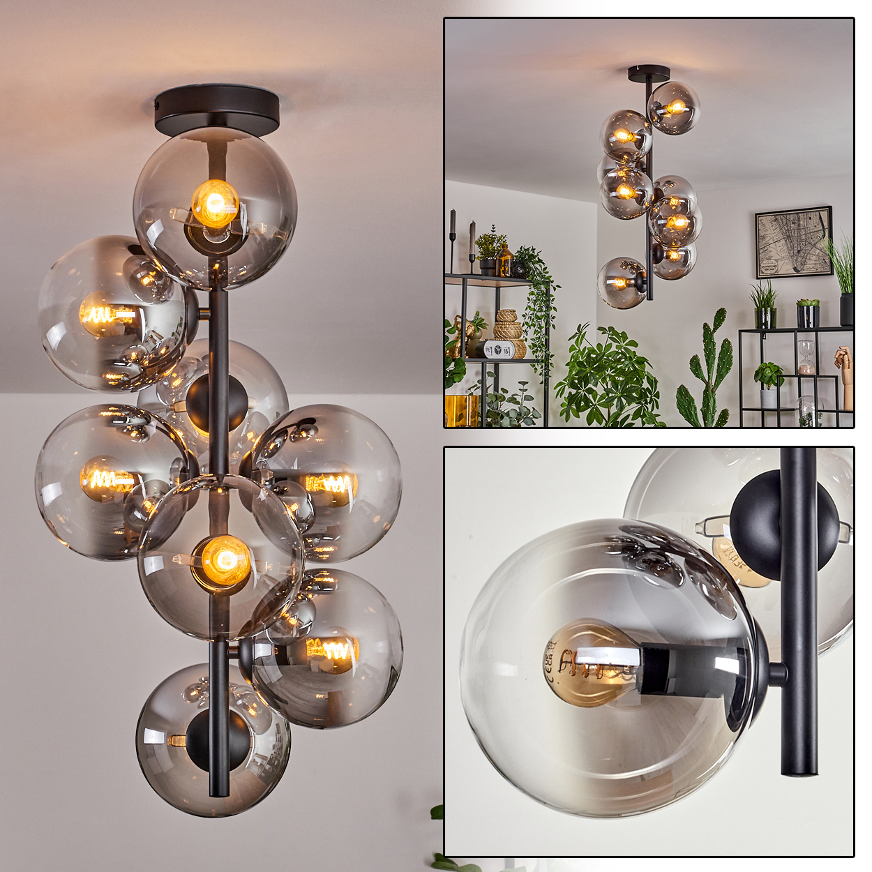 Deckenlampe mit Glaskugeln, aus verschiedenen Winkeln gezeigt, mit Deko im Hintergrund.
