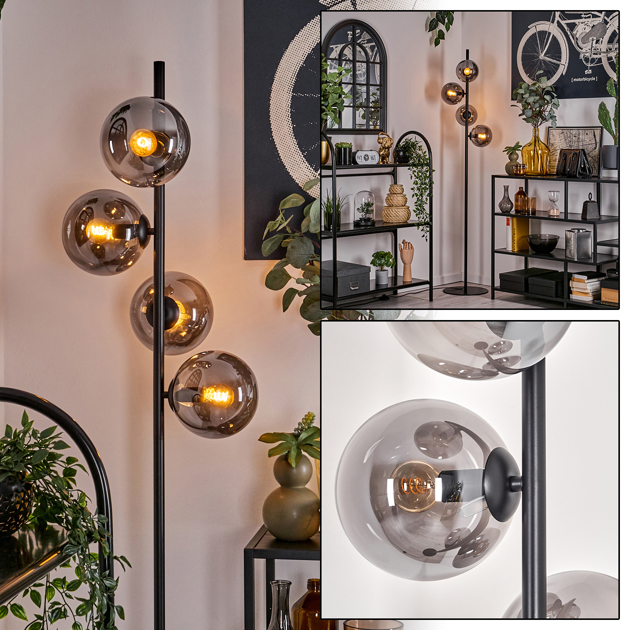 Stehlampe mit fünf Glaskugeln und schwarzem Ständer. Hintergrund: Regal und Wanddeko.