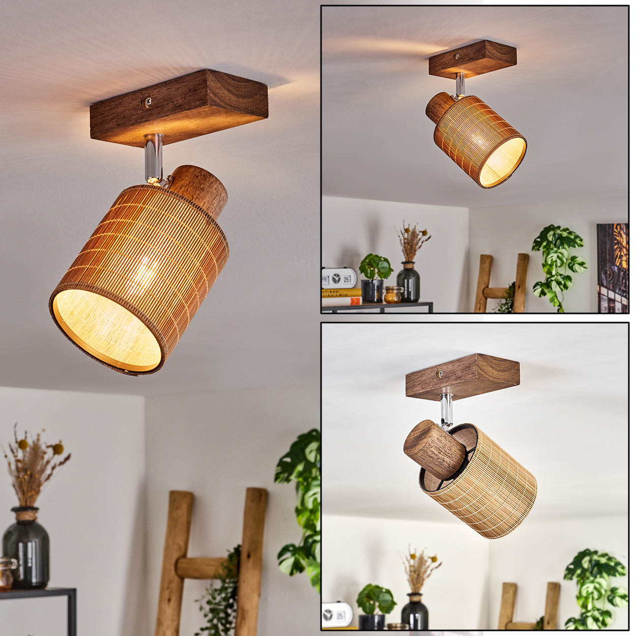 Drei Bilder von Holz- und Rattan-Strahlern. Jeder Strahler ist auf einem Holzblock montiert und angewinkelt, um Licht zu lenken.