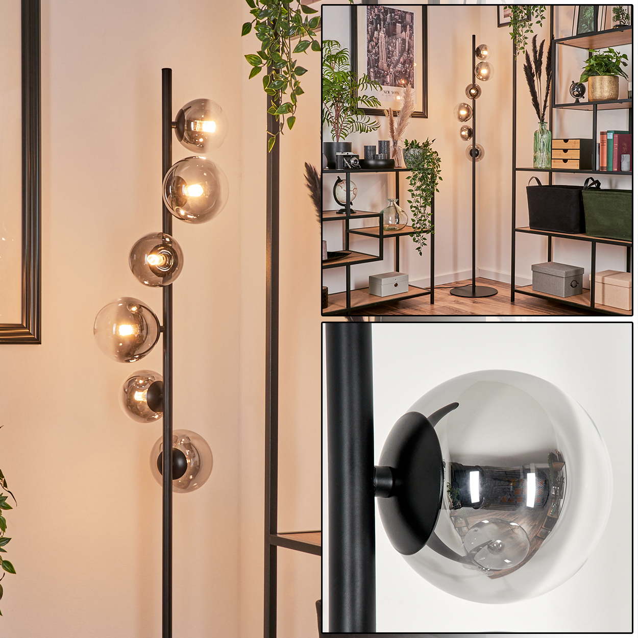 Eine Lampe mit Glaskugeln und einem schwarzen Metallrahmen neben einem Regal mit Dekoration in einem Raum.