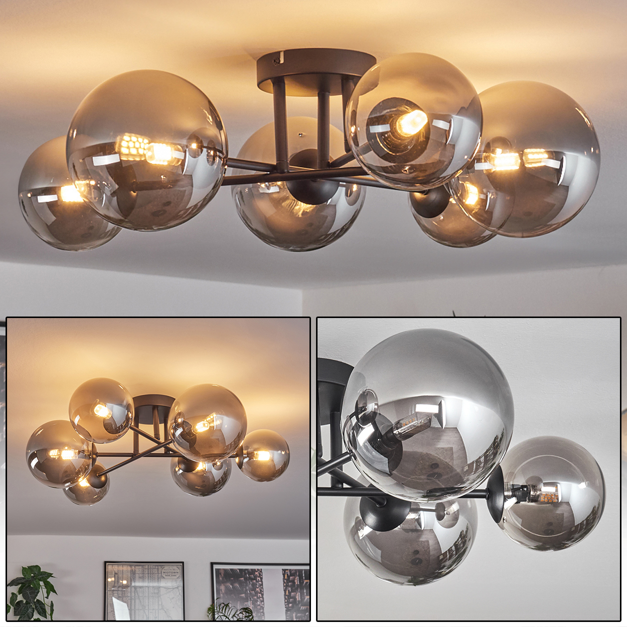 Zwei Deckenlampen mit mehreren silbernen Kugeln. Eine Lampe hat 7 Kugeln und die andere hat 6. Glühbirnen sind innen.