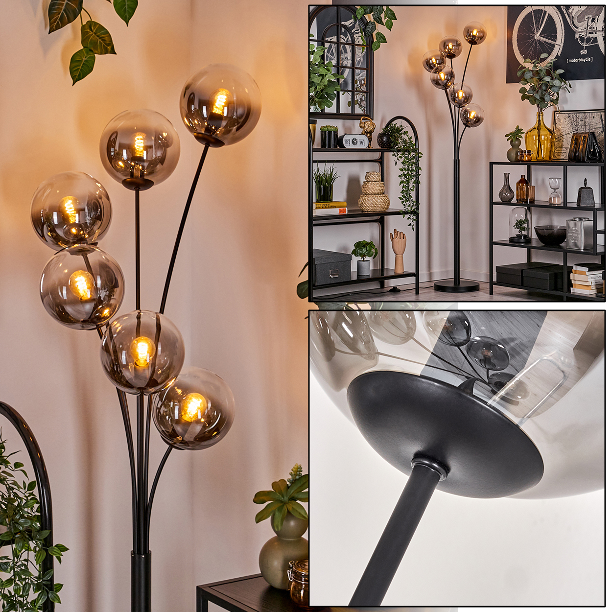 Eine schwarze Stehlampe mit sechs Glas-Kugelschirm, vor einem Raum mit Regalen und Dekoration.