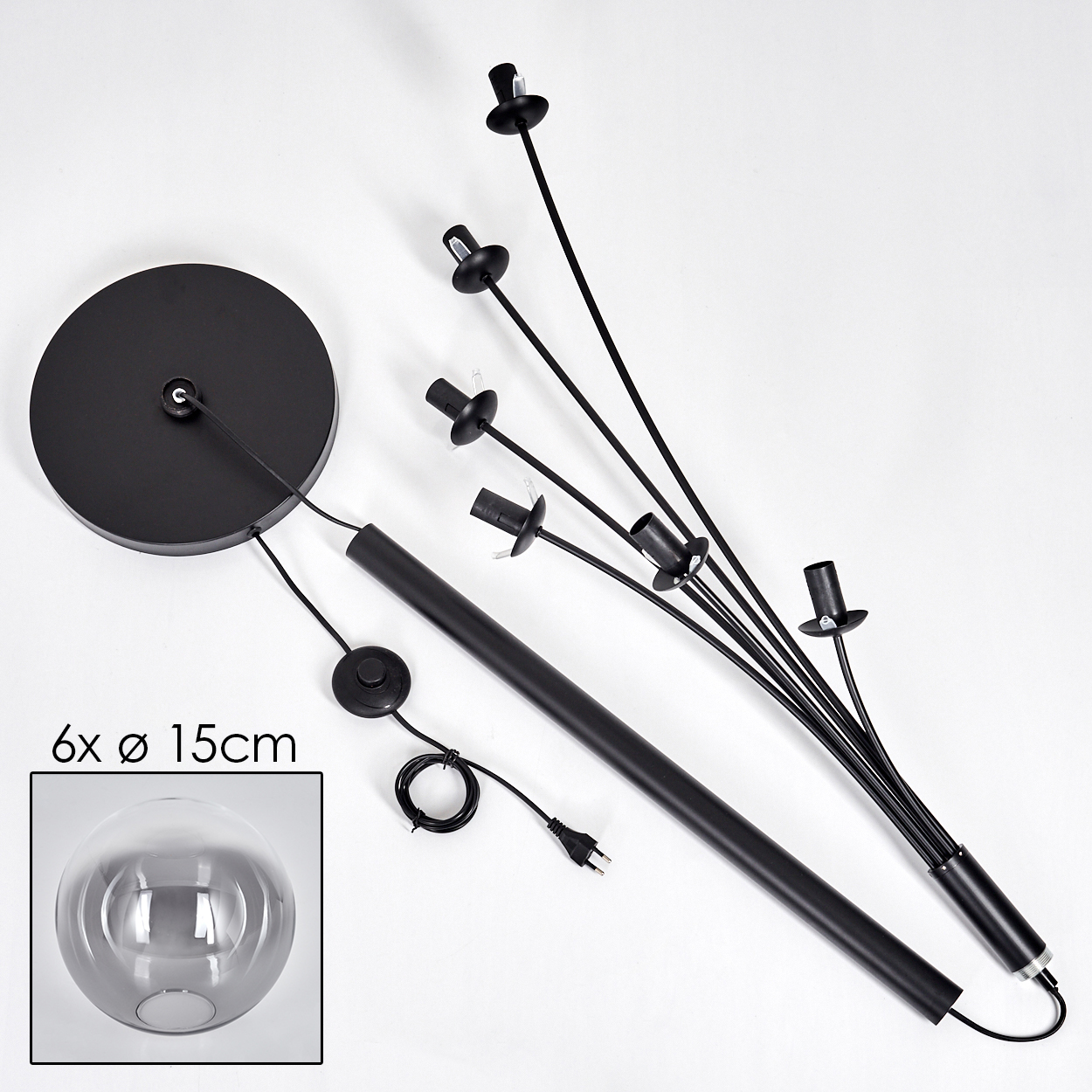 Zerlegte schwarze Stehlampe, einschließlich Sockel, Stiel, Leuchtenarme, mit einem Glaskugel.