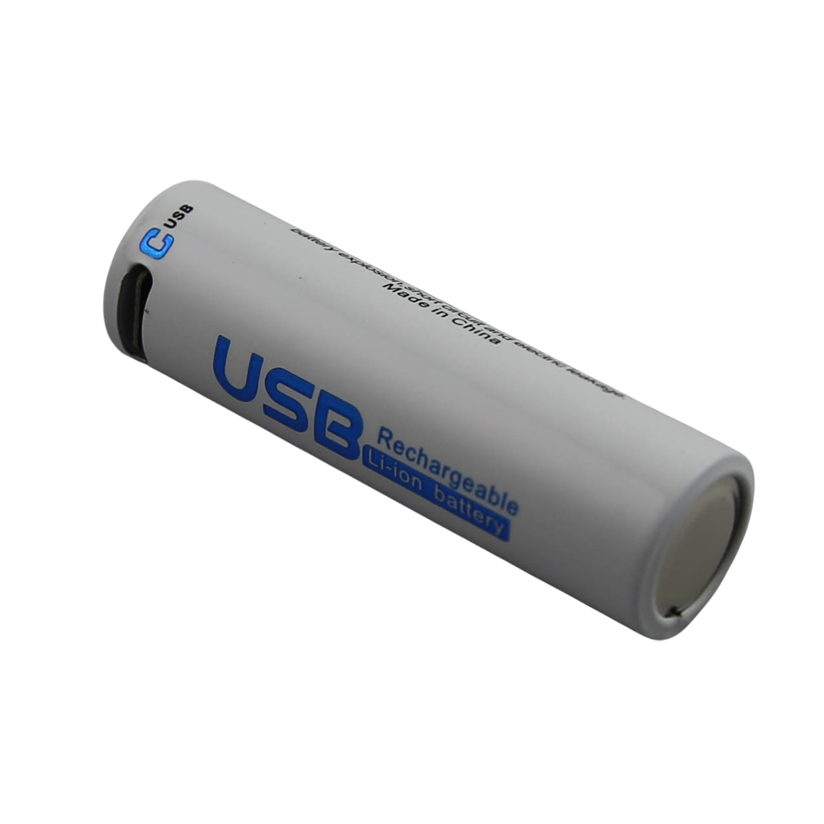 Una batteria ricaricabile USB Li-ion, bianca con testo "USB" blu e una porta nera.