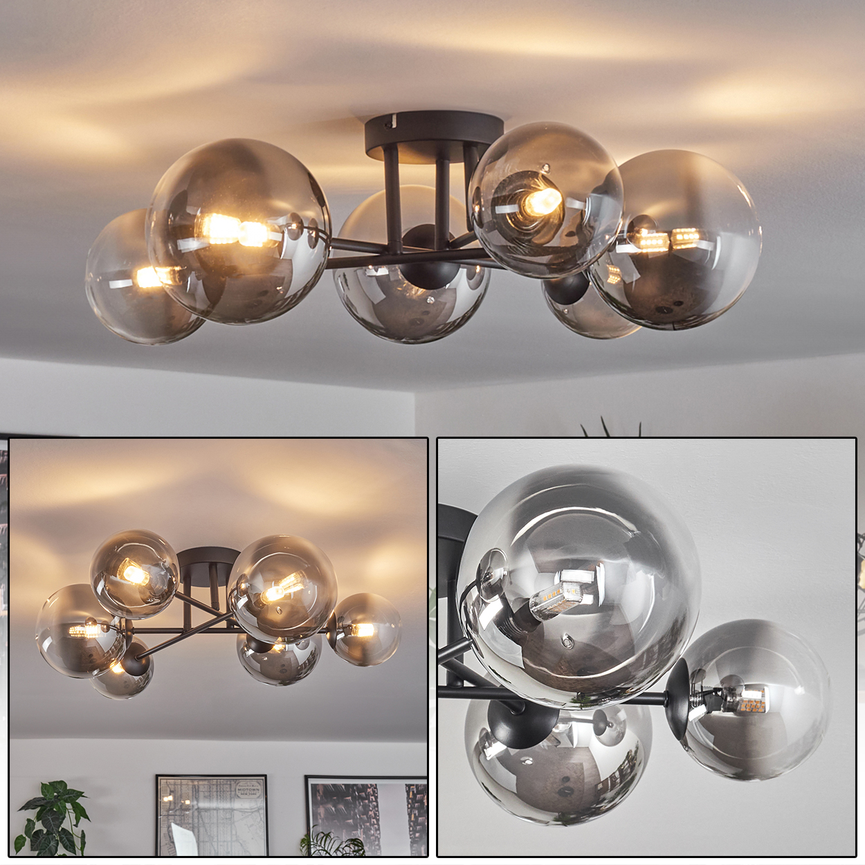 Eine Deckenleuchte mit sechs Glasschirmen, mit Nahaufnahme der Leuchte und eingeschalteten Lichtern.