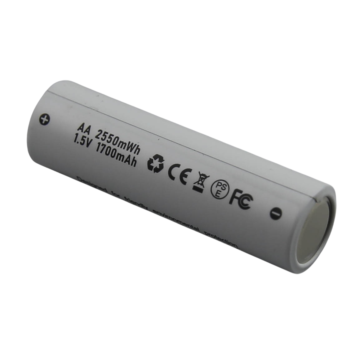 Una batteria AA grigia con testo sul lato, che mostra le sue specifiche e certificazioni di sicurezza.