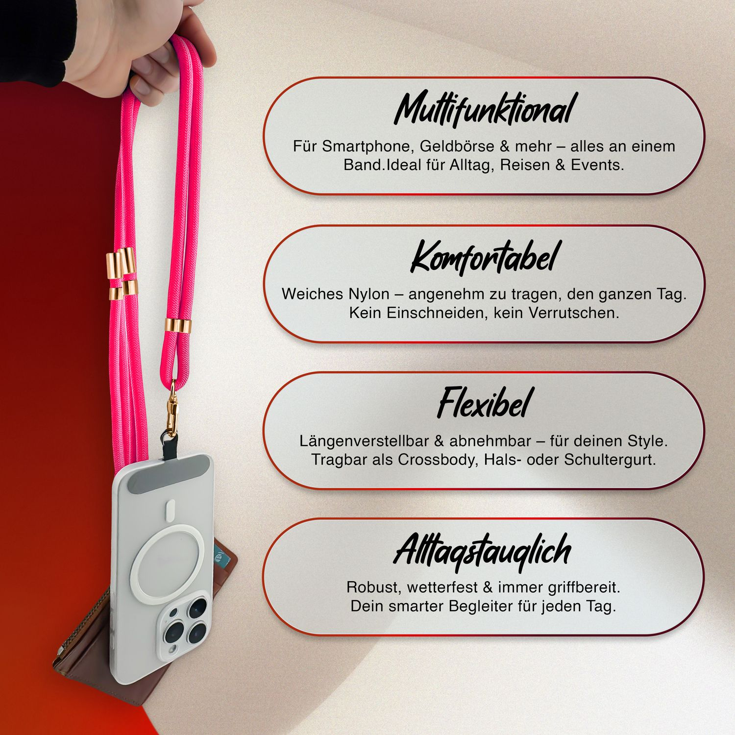 Ein Telefon-Lanyard mit pinkfarbenem Kordel, goldenen Akzenten und Text, der seine Eigenschaften beschreibt.