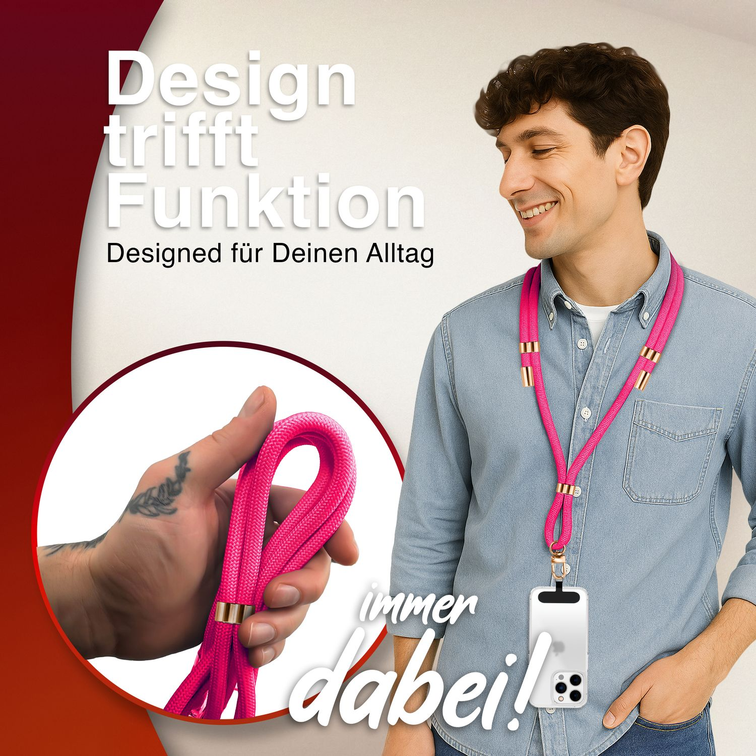 Eine Person hält eine pinkfarbene Handyschlaufe. Text: "Design trifft Funktion" und "immer dabei!".