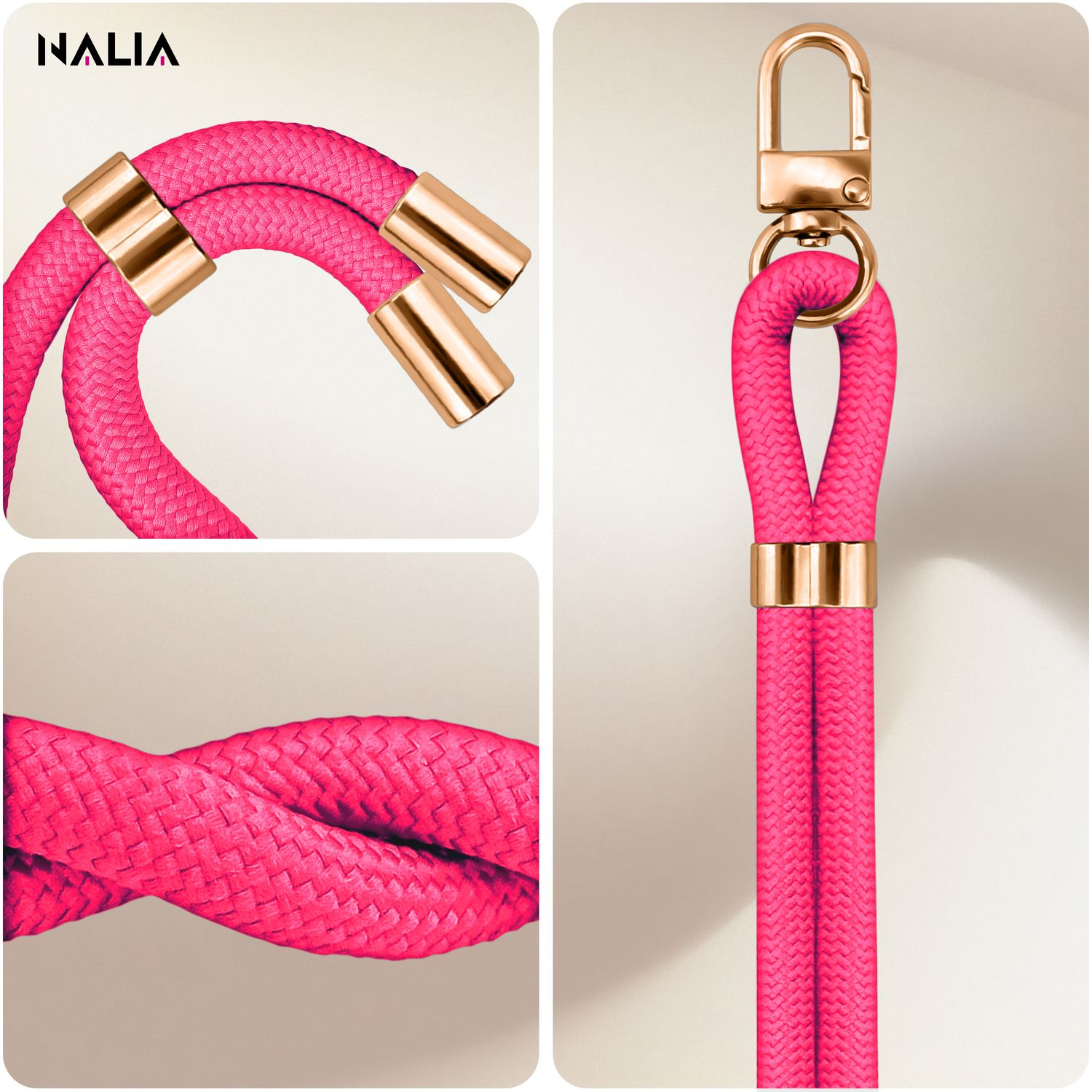 Nahaufnahme eines pinkfarbenen Seilbands mit goldfarbenen Metallakzenten, einschließlich eines Hakens, vor hellem Hintergrund.