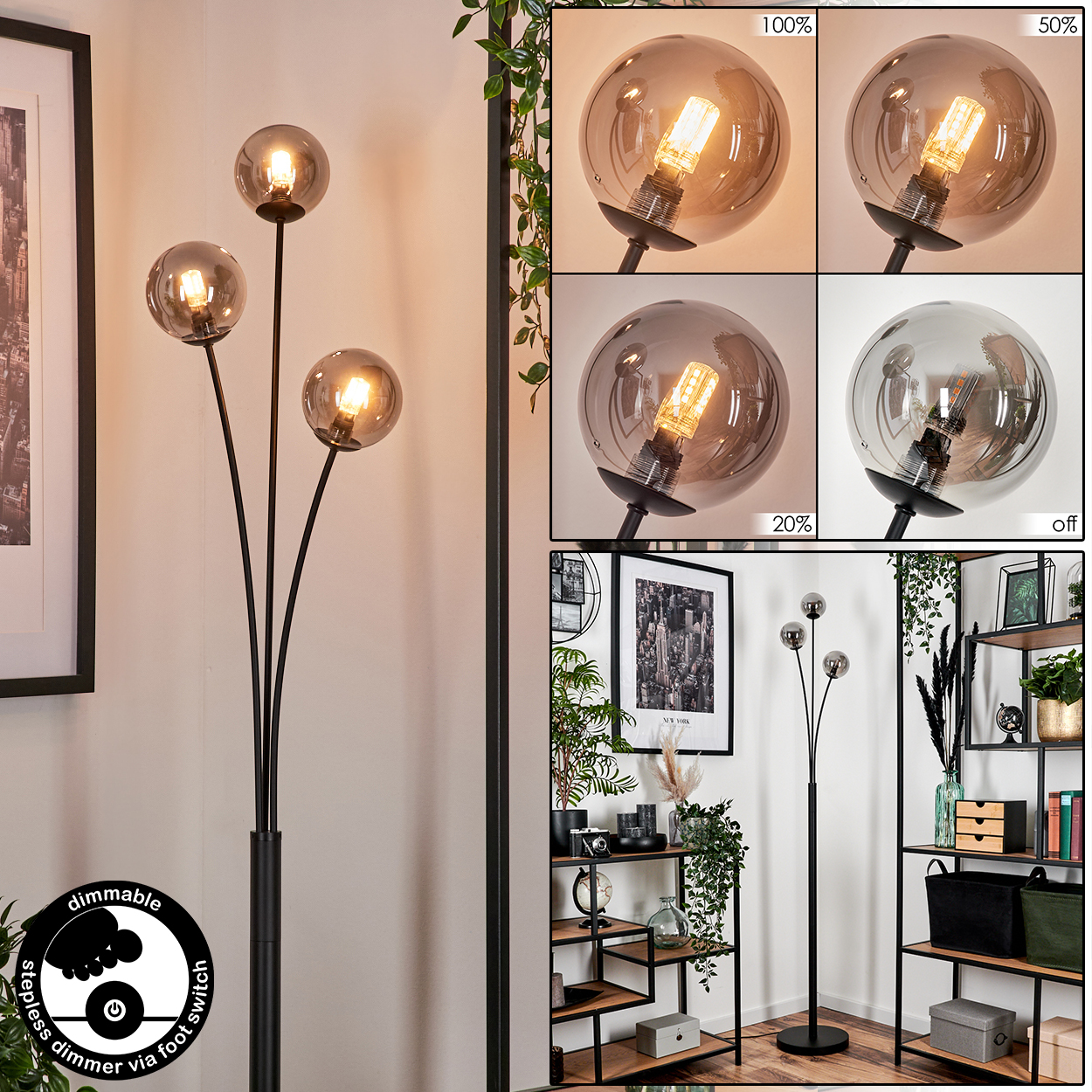 Eine schwarze Stehlampe mit vier Glaskugeln. Detail des Dimmers und Lichtintensitätsvariationen werden gezeigt.