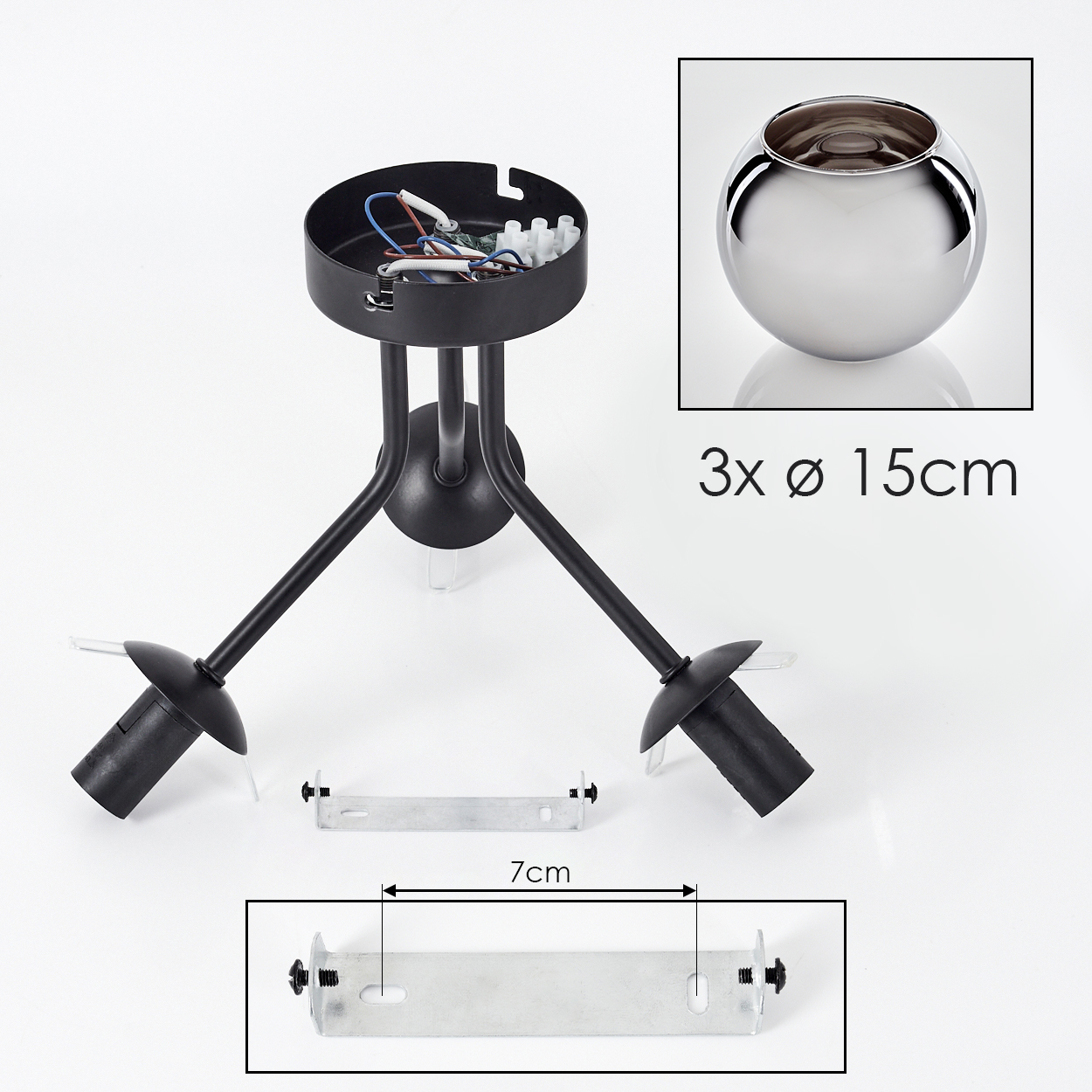 Komponenten einer Deckenlampe mit schwarzem Sockel, Armen und abgenommenem Chromkugel.