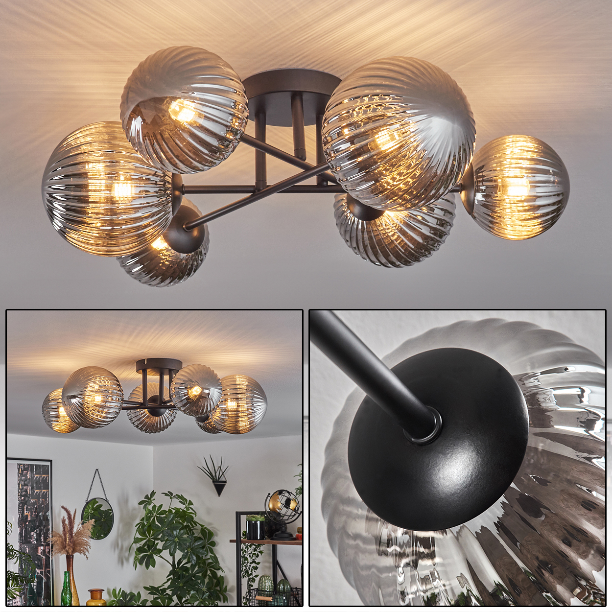 Eine Deckenlampe mit sechs gerippten Glaskugeln. Es gibt eine Nahaufnahme der Lampe.