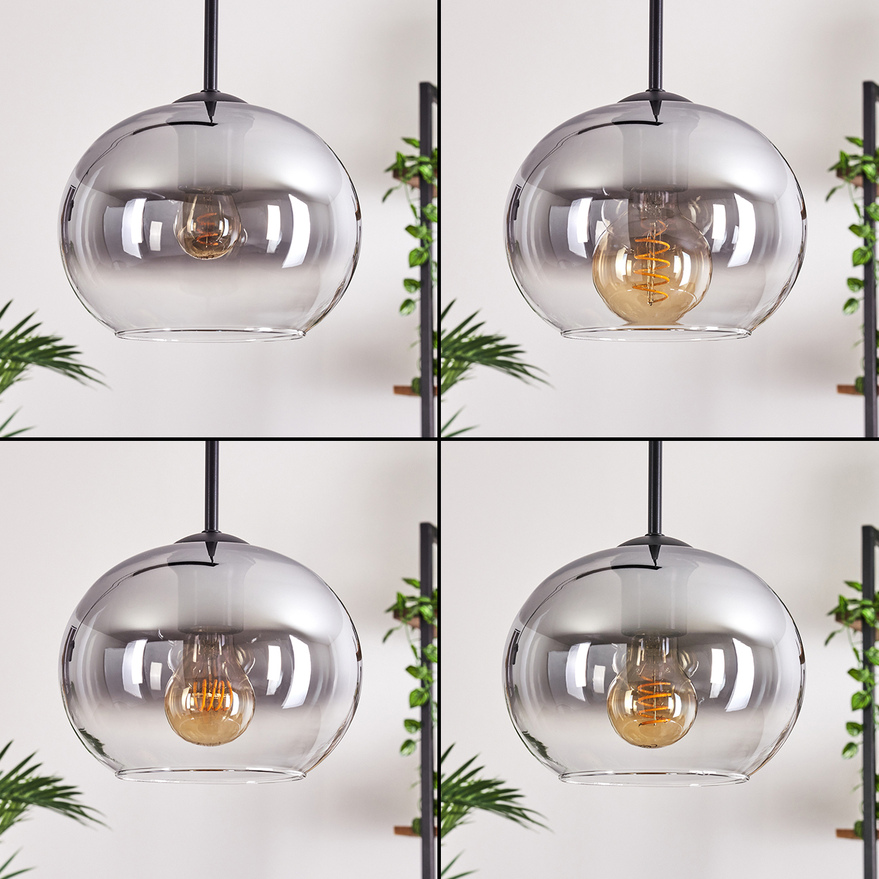 Vier Pendelleuchten mit grauen Glaskugeln und sichtbaren Glühbirnen. Die Lampen sind in einem Raster.