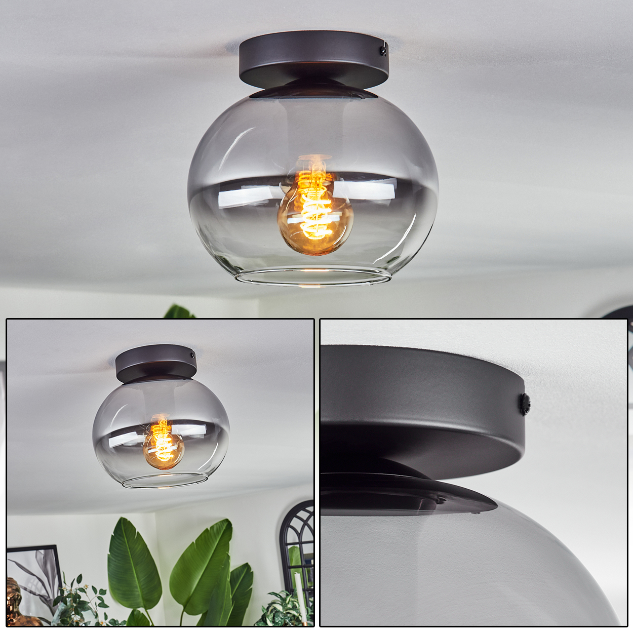 Eine graue Glas-Deckenlampe mit sichtbarer Glühbirne. Es ist in einem Raum.