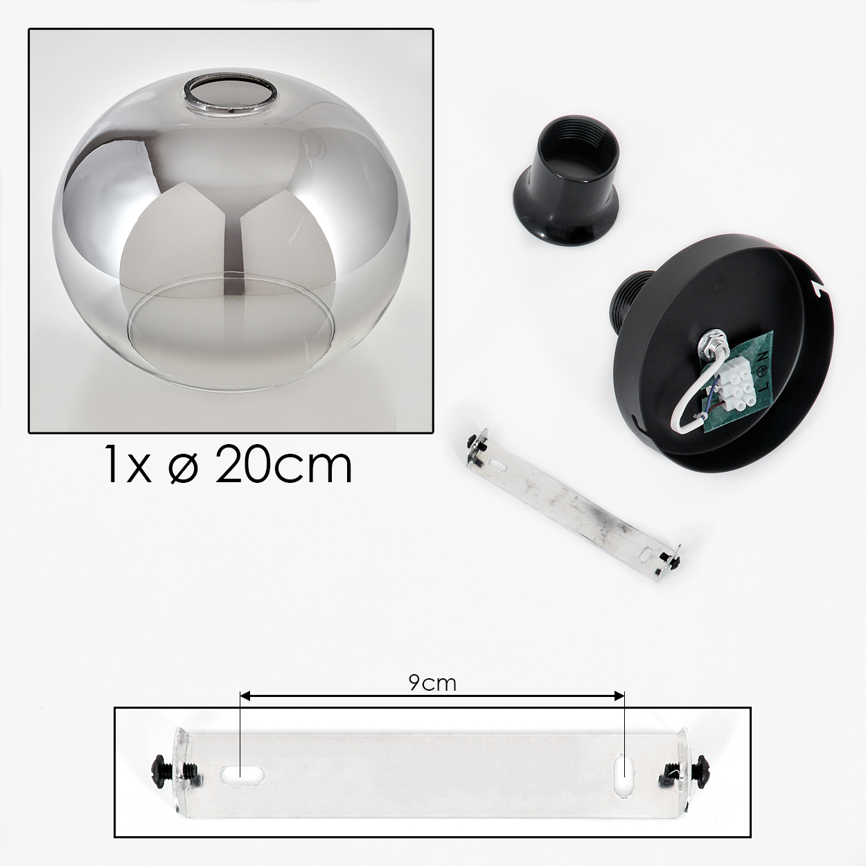 Draufsicht einer zerlegten Lampe, Komponenten werden gezeigt. Eine Glaskugel, ein Sockel und eine Halterung.