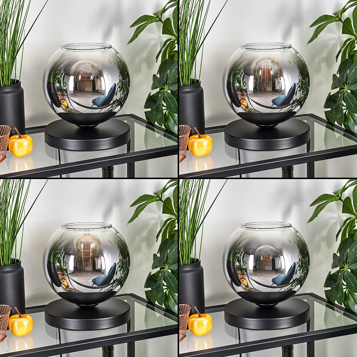 Vier Bilder einer Tischlampe mit rundem Glasschirm, schwarzem Fuß und einer Glühbirne im Inneren.