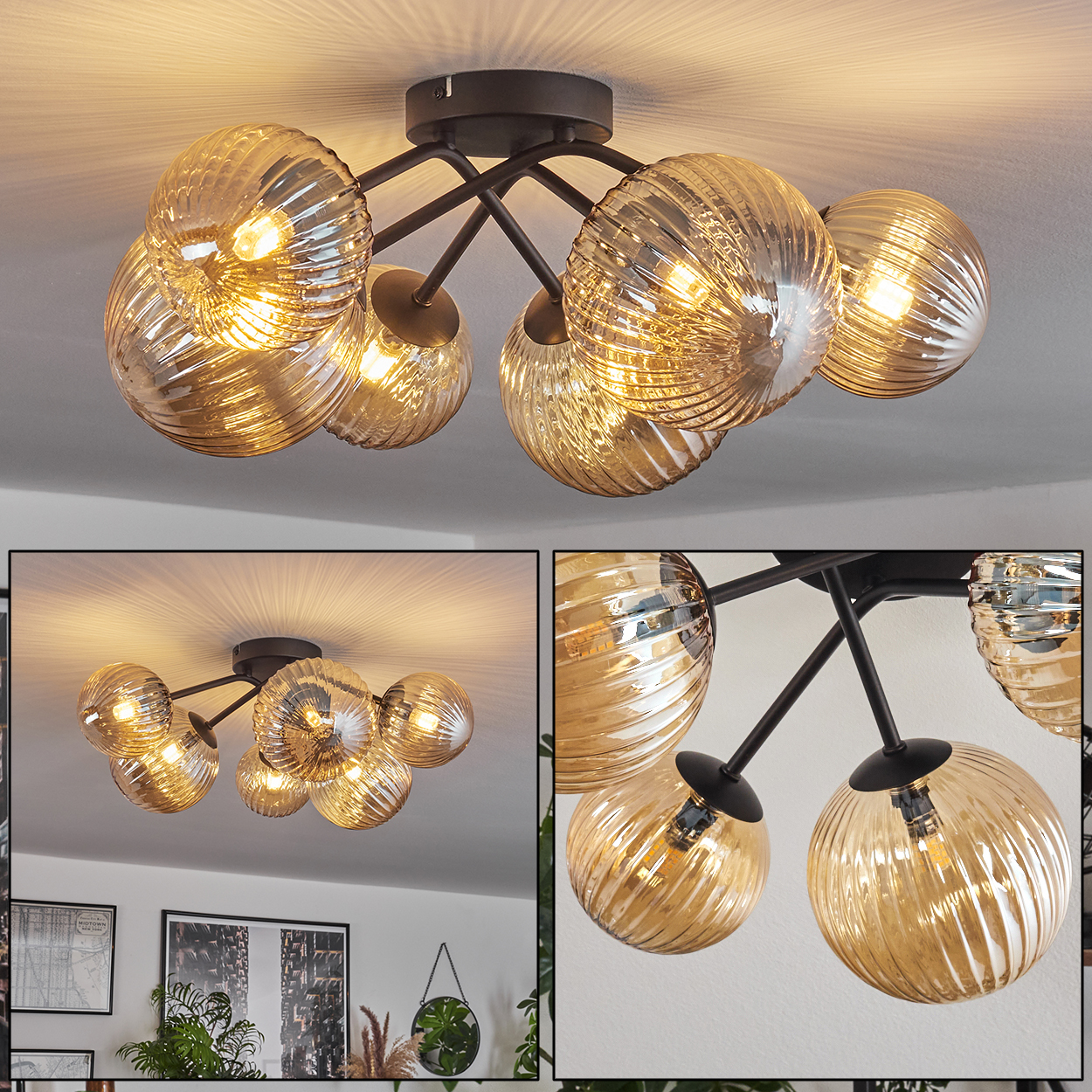 Eine Deckenlampe mit sieben bernsteinfarbenen Glaskugeln. Schwarze Arme halten die Kugeln von einer schwarzen Basis aus.