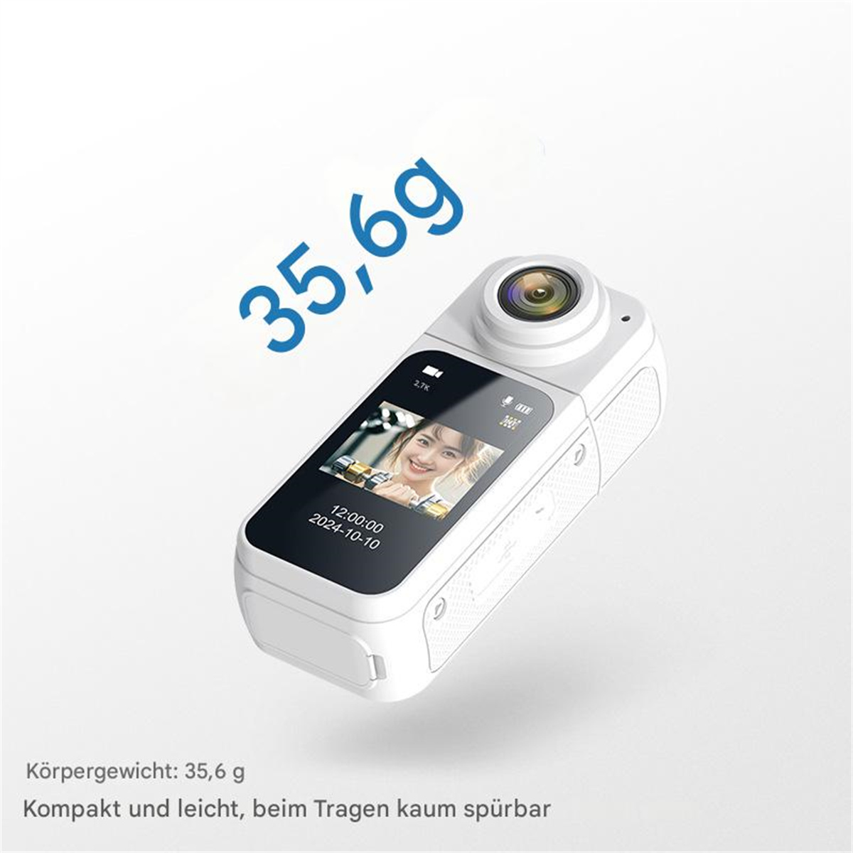 Eine weiße Kamera mit Bildschirm, der ein Bild zeigt und das Gewicht 35,6g.
