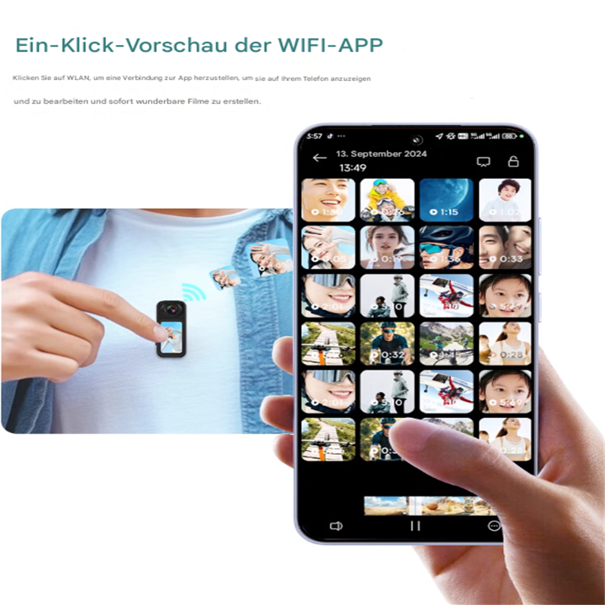 Hand, die ein Telefon hält, das eine App-Oberfläche mit Miniaturansichten zeigt. Im Bild befindet sich auch eine kleine Kamera mit WLAN-Symbol.