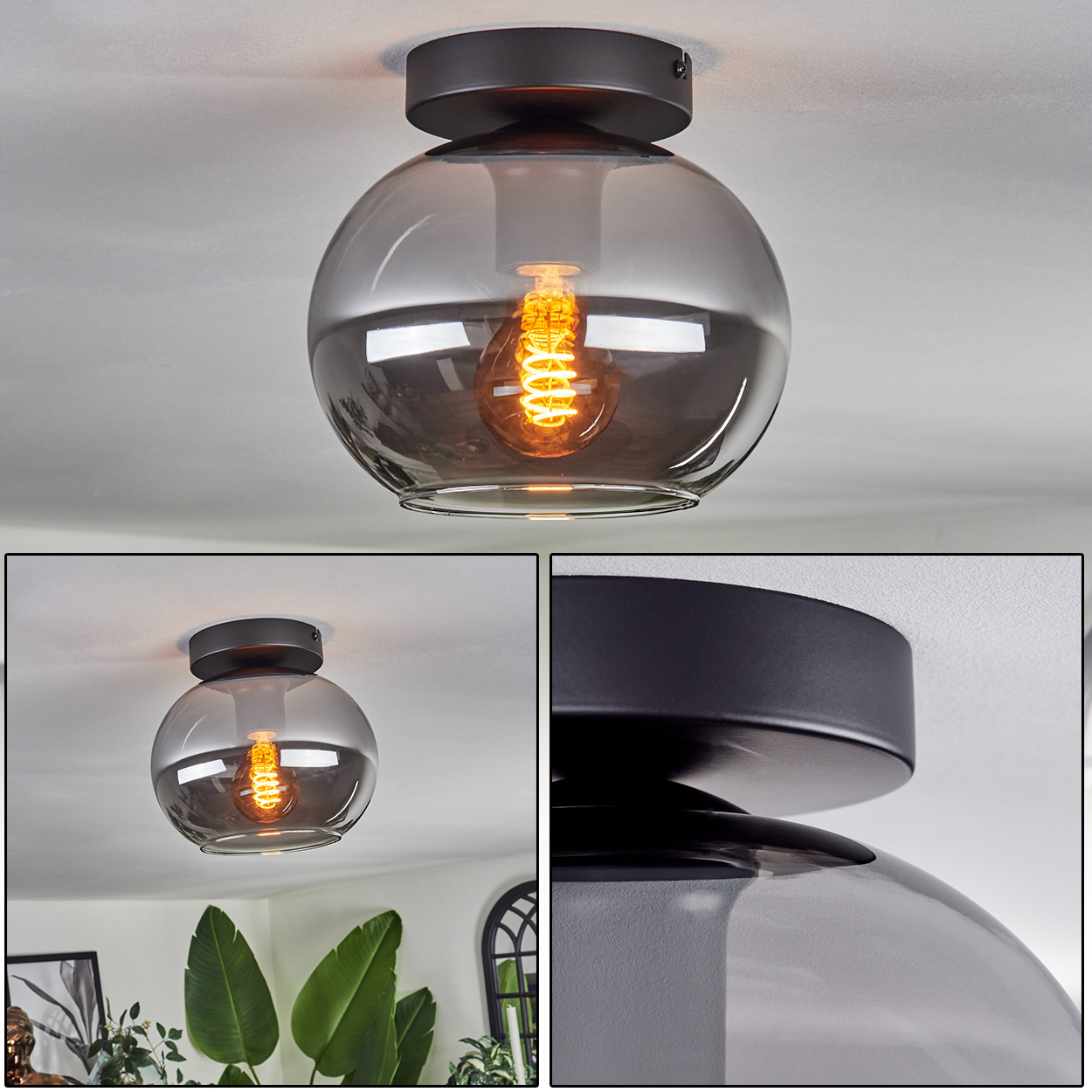 Nahaufnahme einer Leuchte mit einem klaren, rauchigen Glaskugel. Eine Glühbirne mit Wendel ist im Inneren. Andere Lichter sind sichtbar.