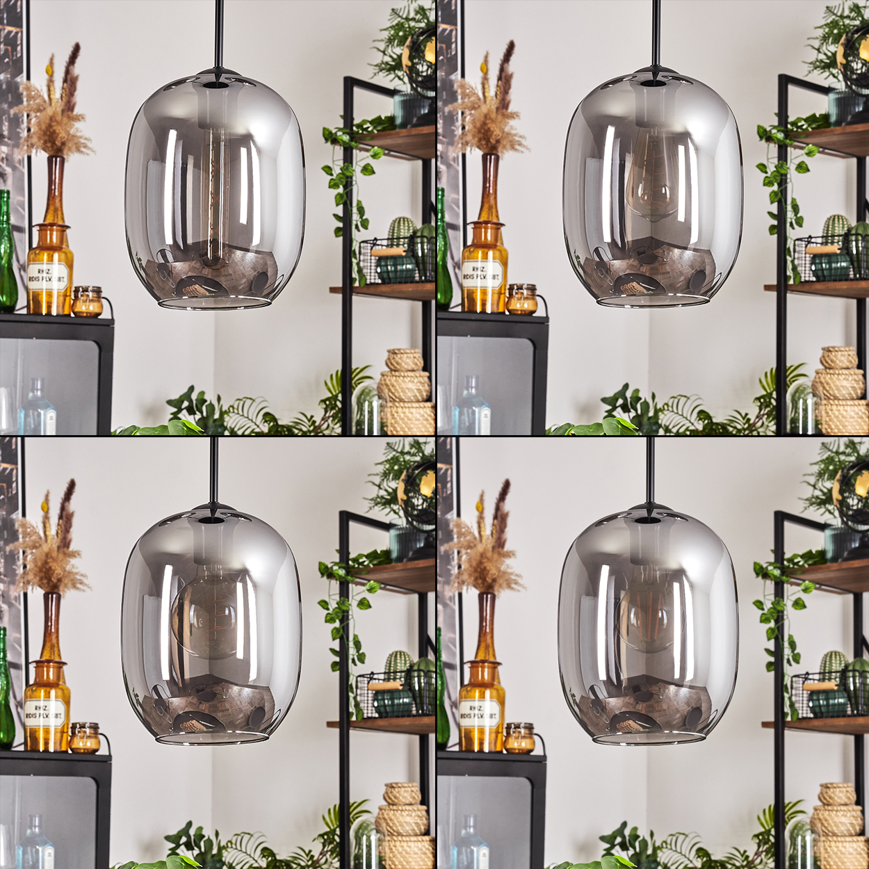 Vier Pendelleuchten mit ovalen Glasschirmen werden gezeigt, mit einem Regal und Dekorationen im Hintergrund.