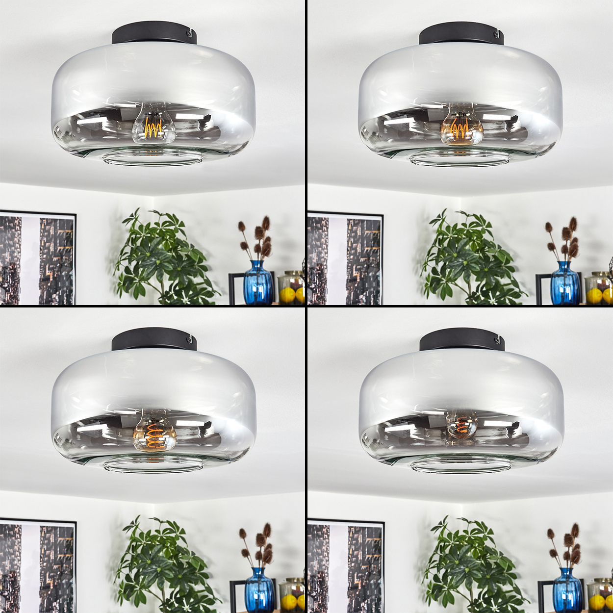 Eine Collage aus vier Bildern einer Deckenlampe mit grauem Glasschirm und sichtbarer Glühbirne. Verschiedene Winkel.