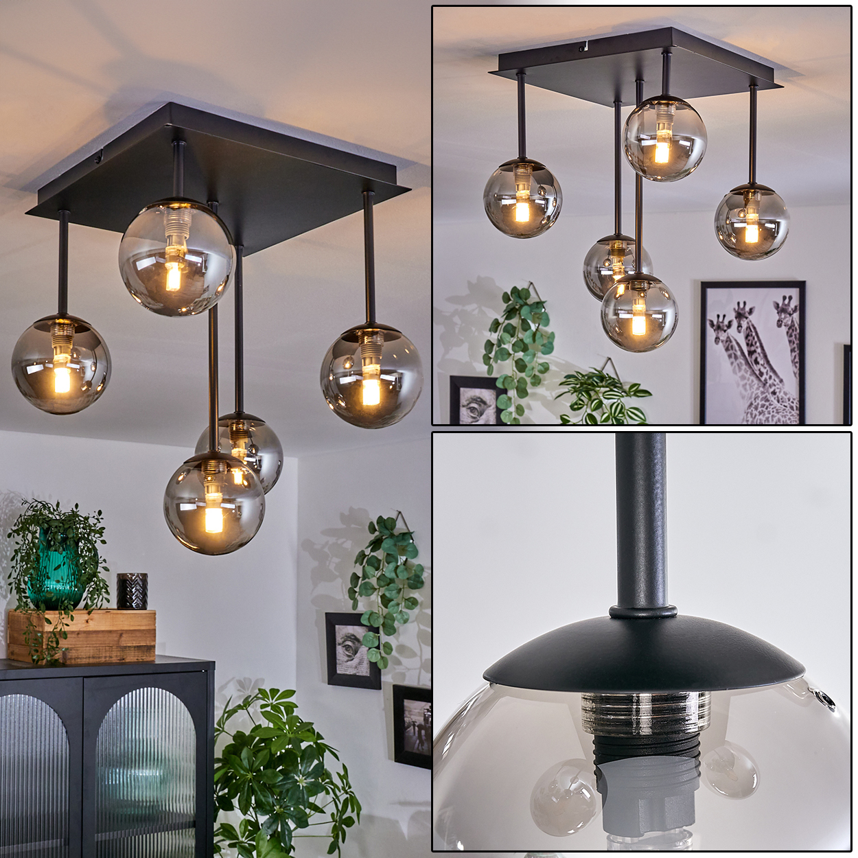 Eine Deckenlampe mit sechs Glasschirmkugeln. Die Kugeln sind von einer schwarzen quadratischen Basis abgehängt.