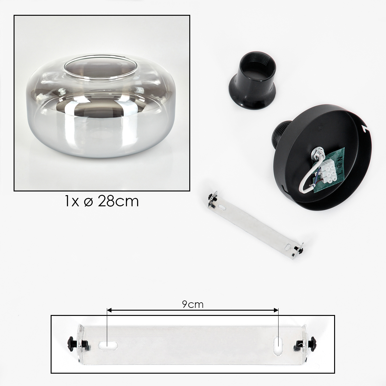 Komponenten einer Deckenleuchte. Enthält einen Glasschirm, eine Halterung und andere Hardware.