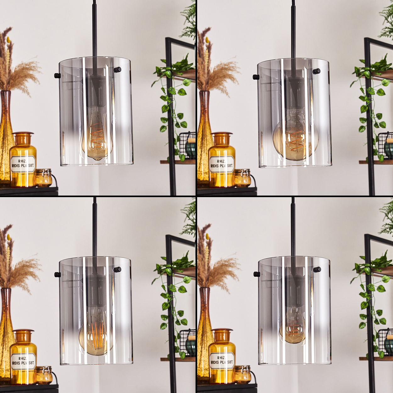 Eine Collage aus vier Bildern, die jeweils eine Zylinderlampe zeigen. Die Lampe hat einen transparenten Glasschirm und eine Glühbirne.