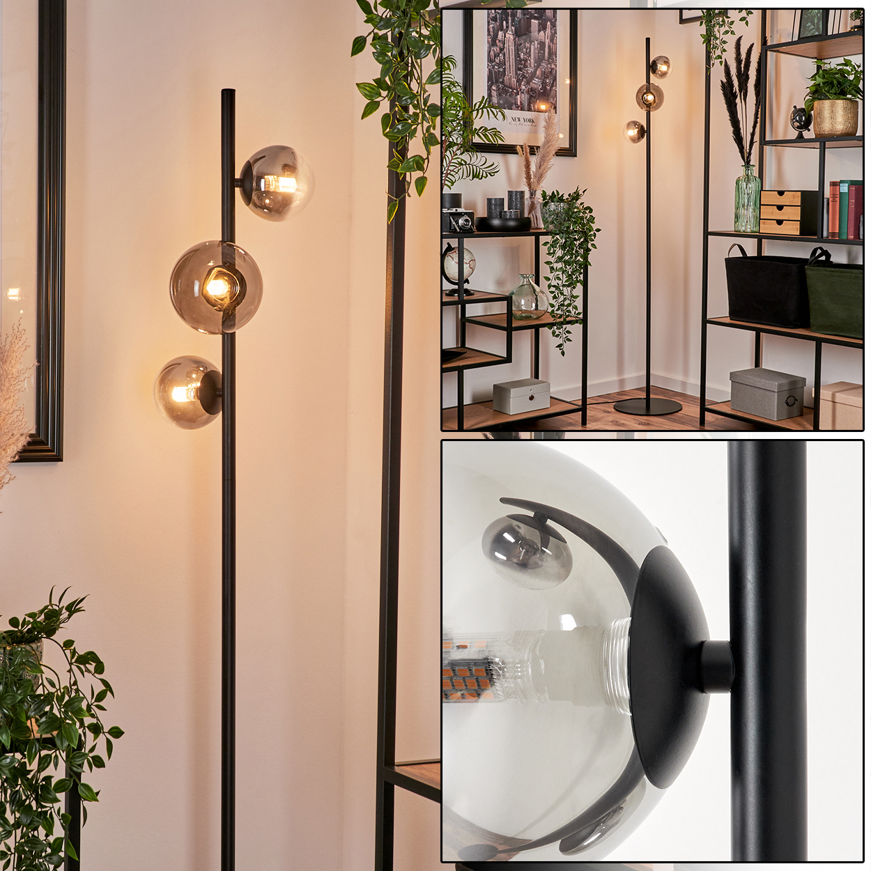 Eine Stehlampe mit drei runden Glasschirmen, in der Nähe von Regalen mit Dekor und Pflanzen.