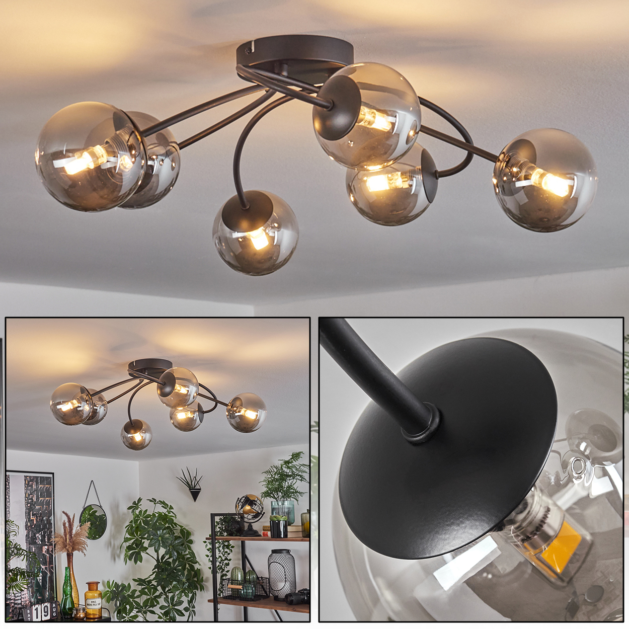 Eine Deckenlampe mit sechs kugelförmigen Glaslampen. Die Lampen sind in einem gebogenen Muster angeordnet.