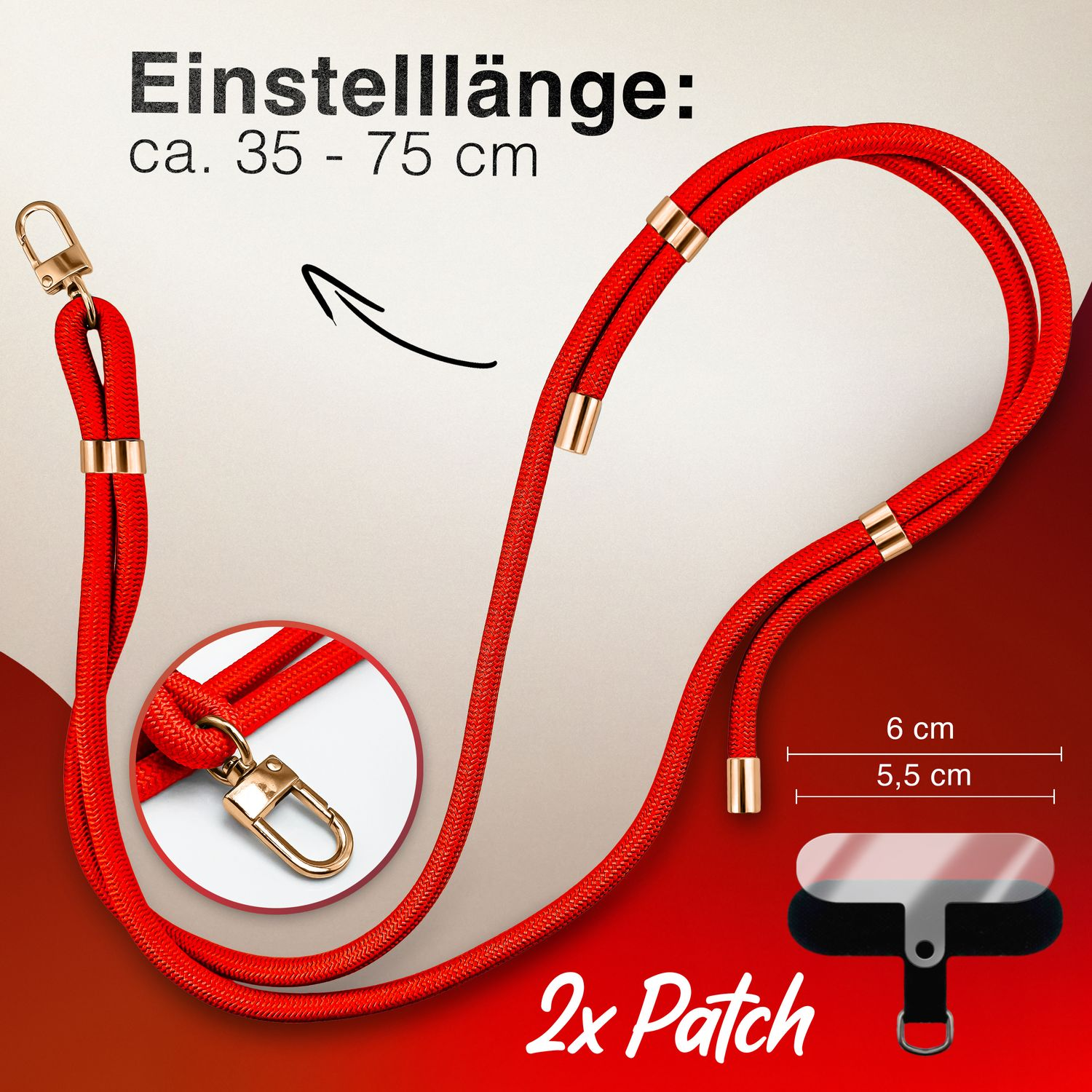 Ein rotes Telefon-Umhängeband mit goldenen Akzenten und einem schwarzen Patch. Abmessungen und Details sind abgebildet.