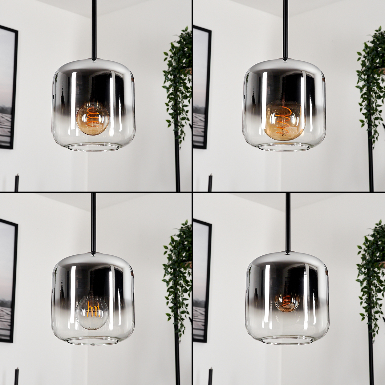 Eine Collage von Pendelleuchten, jede mit einem zylindrischen Glasschirm und einer leuchtenden Glühbirne.