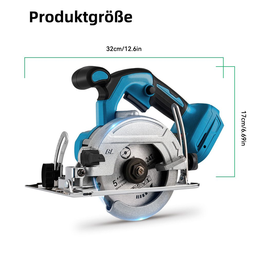 Blaue und schwarze Kreissäge mit Maßangaben. Sie hat einen blauen Griff.