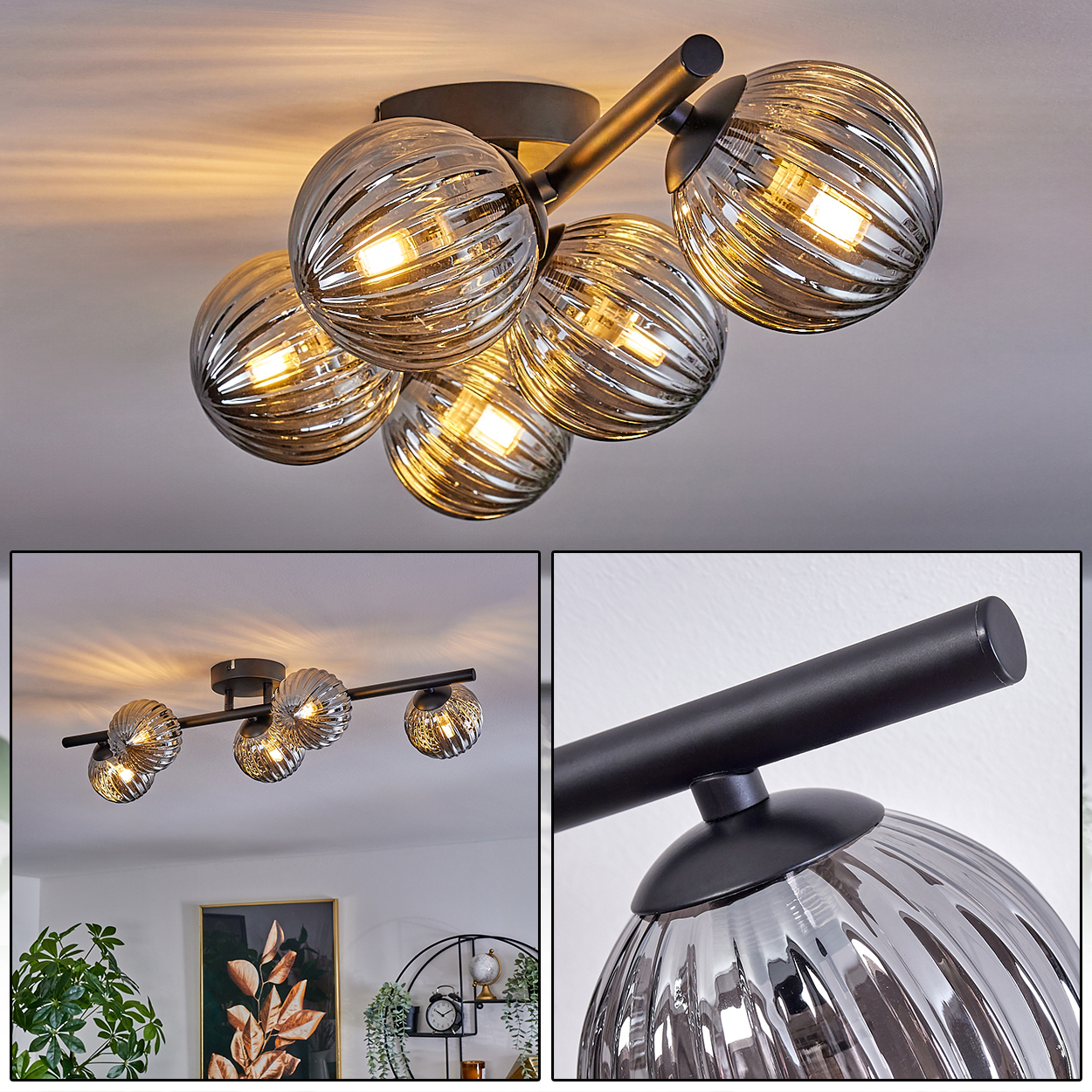Deckenlampe mit fünf geriffelten Glaskugel-Schirmen, montiert auf einem schwarzen Rahmen. Zeigt zwei Winkel.
