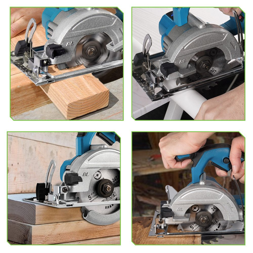 Mehrere Bilder einer Kreissäge beim Schneiden von Holz. Verschiedene Winkel und Aktionen werden gezeigt.