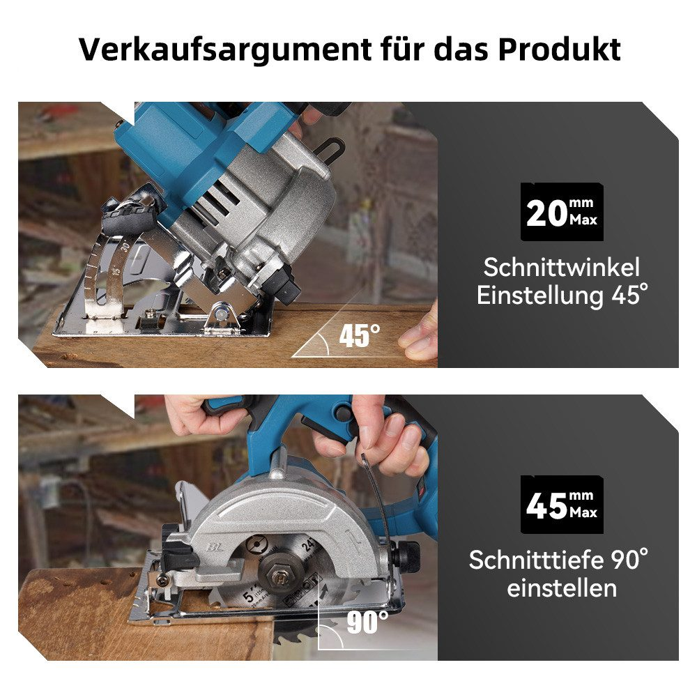 Demonstration des Schnittwinkels einer Kreissäge. Zeigt 45- und 90-Grad-Winkeleinstellungen.