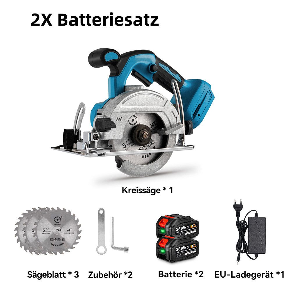 Ein Bild einer Kreissäge und ihres Zubehörs: Sägeblätter, Schraubenschlüssel, Batterien und ein Ladegerät.