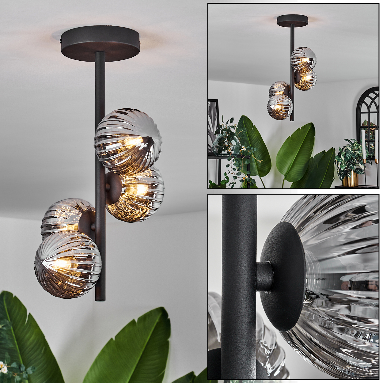 Eine Collage mit einer Deckenleuchte. Enthält eine Nahaufnahme, eine Gesamtansicht und eine Ansicht der Lichtinstallation.