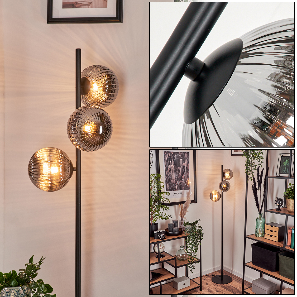 Mehrere Ansichten einer Stehlampe. Schwarzer Pfosten mit drei Kugelleuchten. Zusätzliche Details im Einsatz.