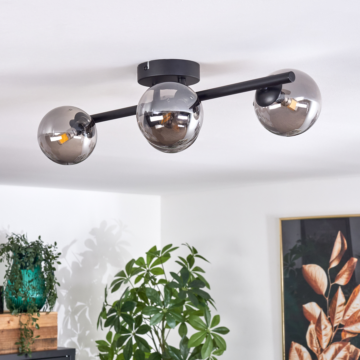 Eine Deckenlampe mit drei verchromten Kugeln, die an einer schwarzen Stange hängen. Grüne Pflanze und Kunstwerk im Hintergrund.